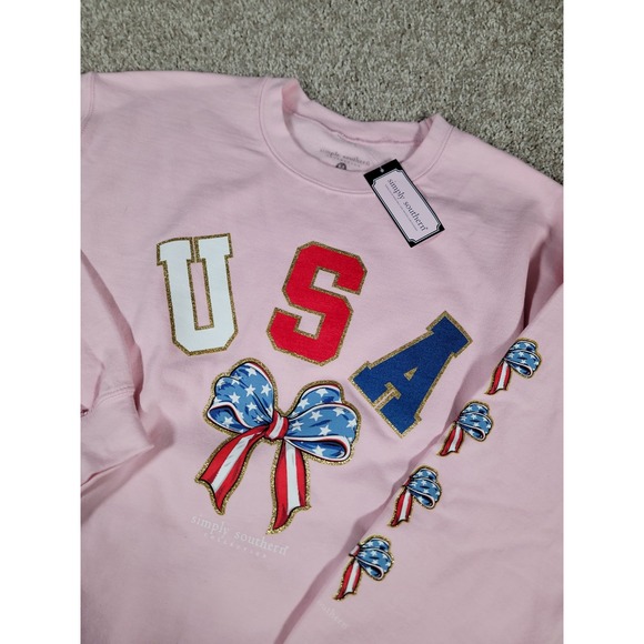 Simply Southern Sweaters - Simply Southern Sweatshirt Crewneck Sz M Pink Patriotic Bows USA 4TH of July NWT